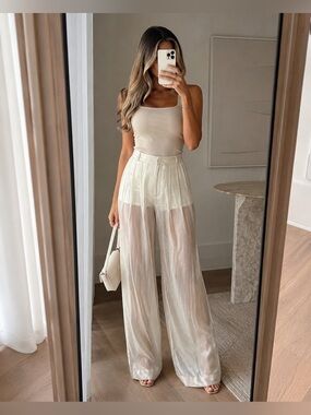 H&M Edition Cream Sheer Wide-Leg Pleated Trousers Pants Size 6
